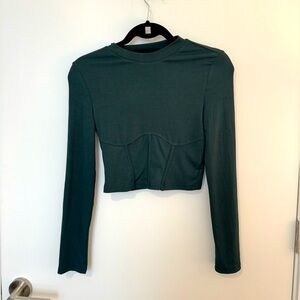 Dark green ribbed high neck long sleeve crop top